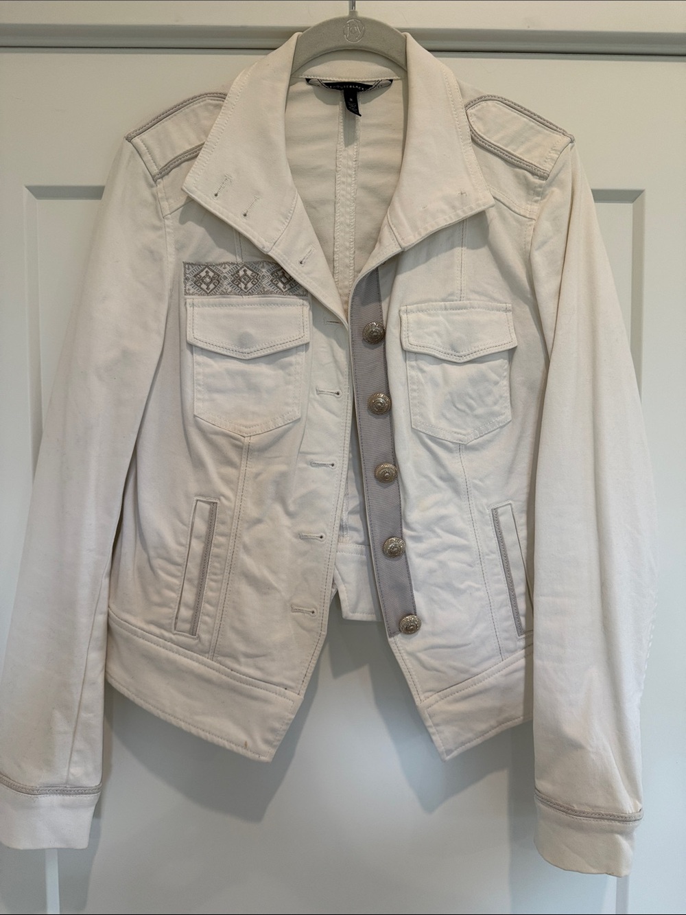 White House Black Market white and silver Utility Jacket with Contrast Trim